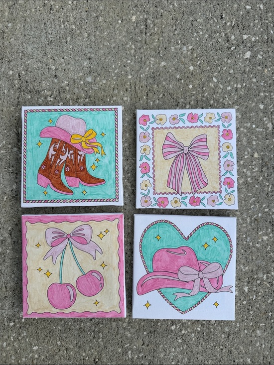 Other - 4 Handpainted Girlie Cowboy Boots Ready To Hang Pictures 4”x 4”